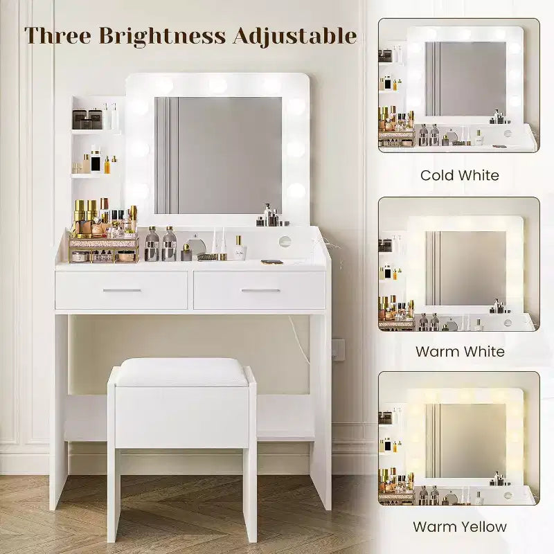Coiffeuse moderne avec miroir, lumières intégrées, 4 tiroirs, poignées en boule de cristal, prise de courant, coiffeuse blanche pour chambre à coucher