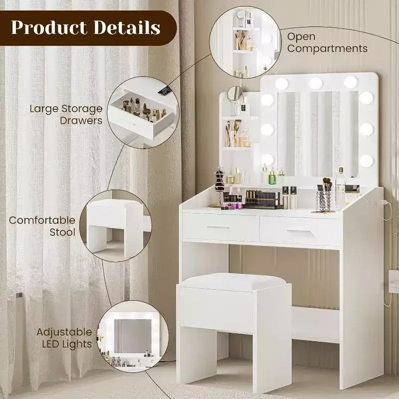 Coiffeuse moderne avec miroir, lumières intégrées, 4 tiroirs, poignées en boule de cristal, prise de courant, coiffeuse blanche pour chambre à coucher