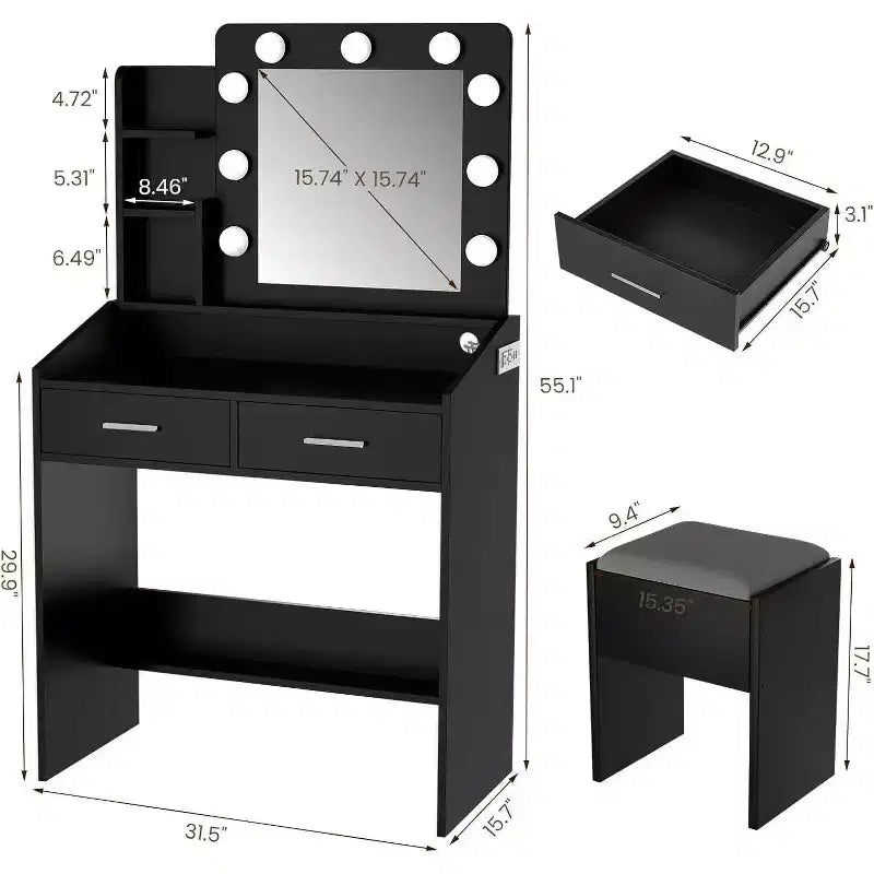 Coiffeuse moderne avec miroir, lumières intégrées, 4 tiroirs, poignées en boule de cristal, prise de courant, coiffeuse blanche pour chambre à coucher