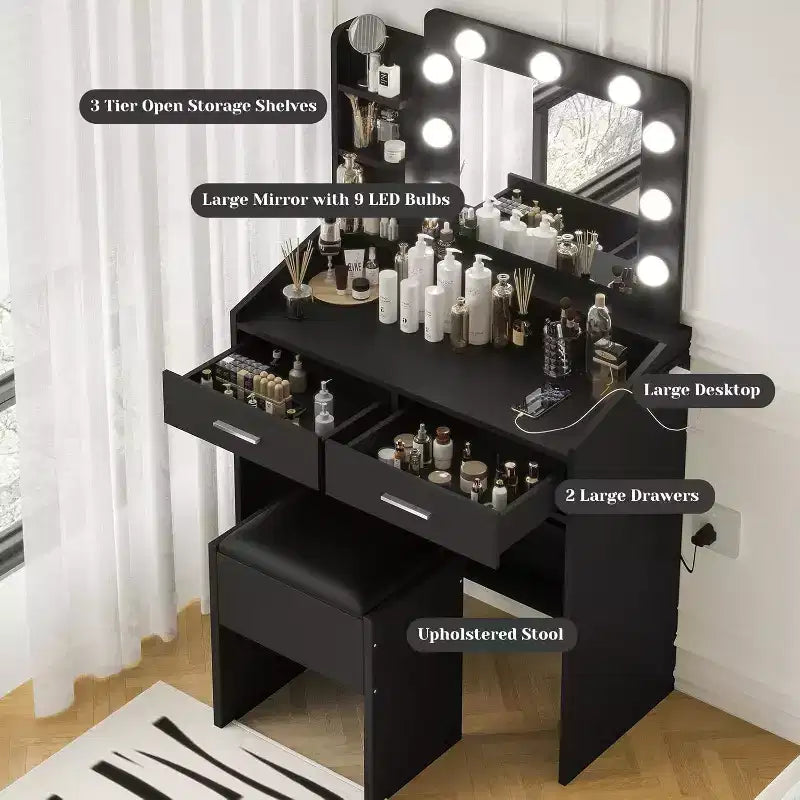 Coiffeuse moderne avec miroir, lumières intégrées, 4 tiroirs, poignées en boule de cristal, prise de courant, coiffeuse blanche pour chambre à coucher