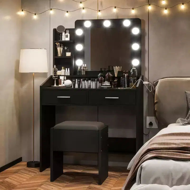 Coiffeuse moderne avec miroir, lumières intégrées, 4 tiroirs, poignées en boule de cristal, prise de courant, coiffeuse blanche pour chambre à coucher