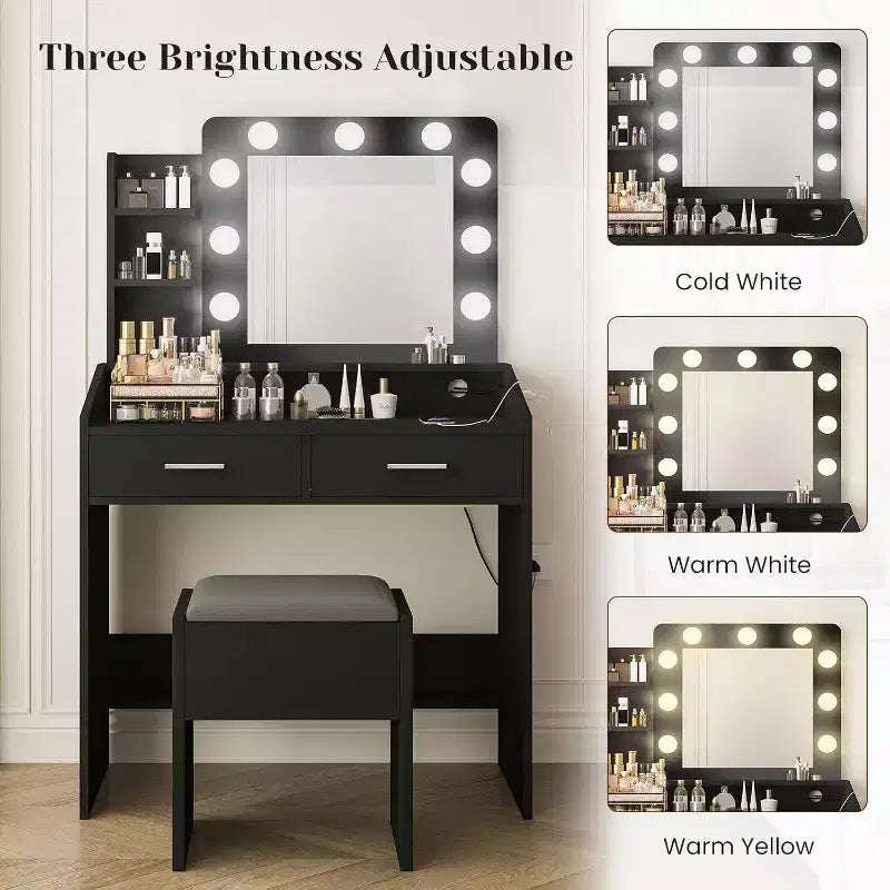 Coiffeuse moderne avec miroir, lumières intégrées, 4 tiroirs, poignées en boule de cristal, prise de courant, coiffeuse blanche pour chambre à coucher