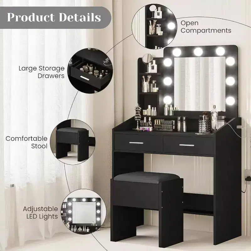 Coiffeuse moderne avec miroir, lumières intégrées, 4 tiroirs, poignées en boule de cristal, prise de courant, coiffeuse blanche pour chambre à coucher