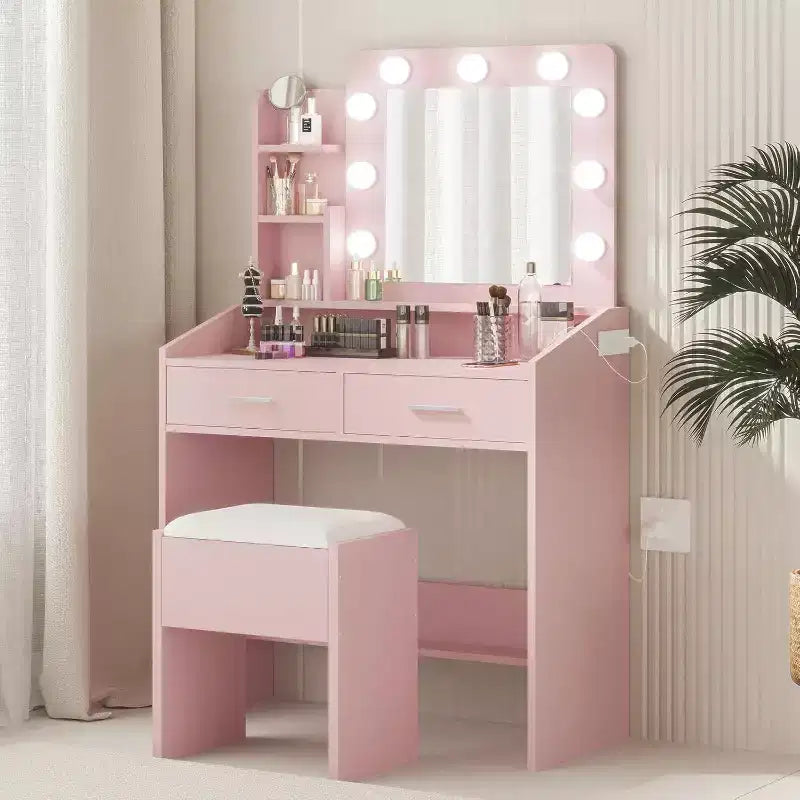 Coiffeuse moderne avec miroir, lumières intégrées, 4 tiroirs, poignées en boule de cristal, prise de courant, coiffeuse blanche pour chambre à coucher