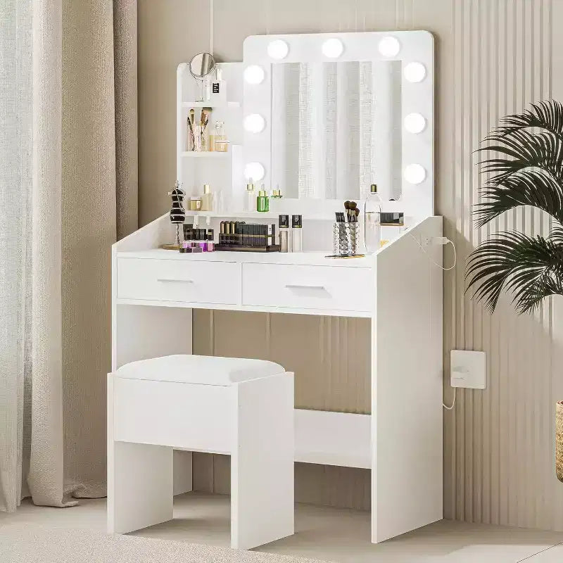 Coiffeuse moderne avec miroir, lumières intégrées, 4 tiroirs, poignées en boule de cristal, prise de courant, coiffeuse blanche pour chambre à coucher