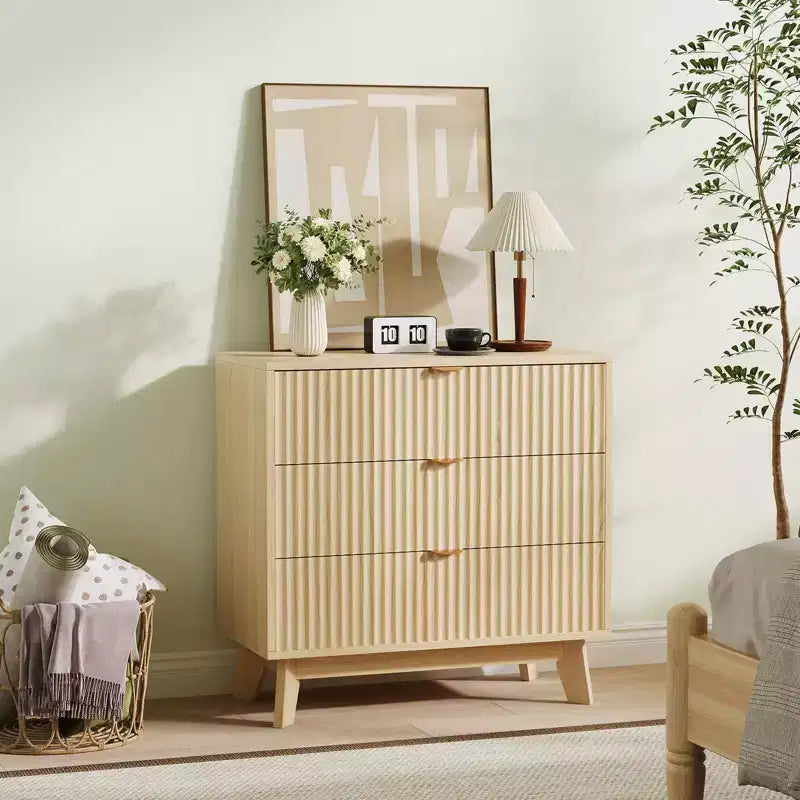 Fluted 3 Drawer Dressers, Modern Closet Dressers Chest of Drawers, Wood Storage Dresser Chest of Drawers Organizer