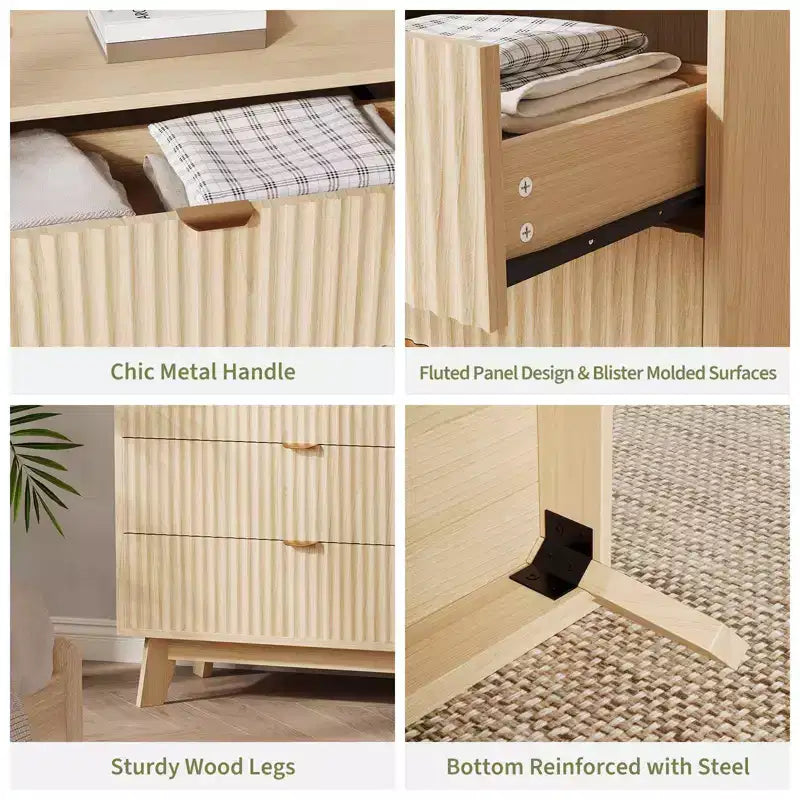 Commodes à 3 tiroirs cannelées, commodes de placard modernes, commodes de rangement en bois, organisateur de commodes.
