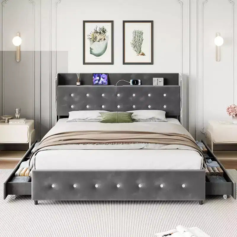 Cadre de lit complet avec 4 tiroirs de rangement, cadre de lit plateforme rembourré en velours, support à lattes en bois, pas besoin de sommier tapissier, supporte 453 kg, gris