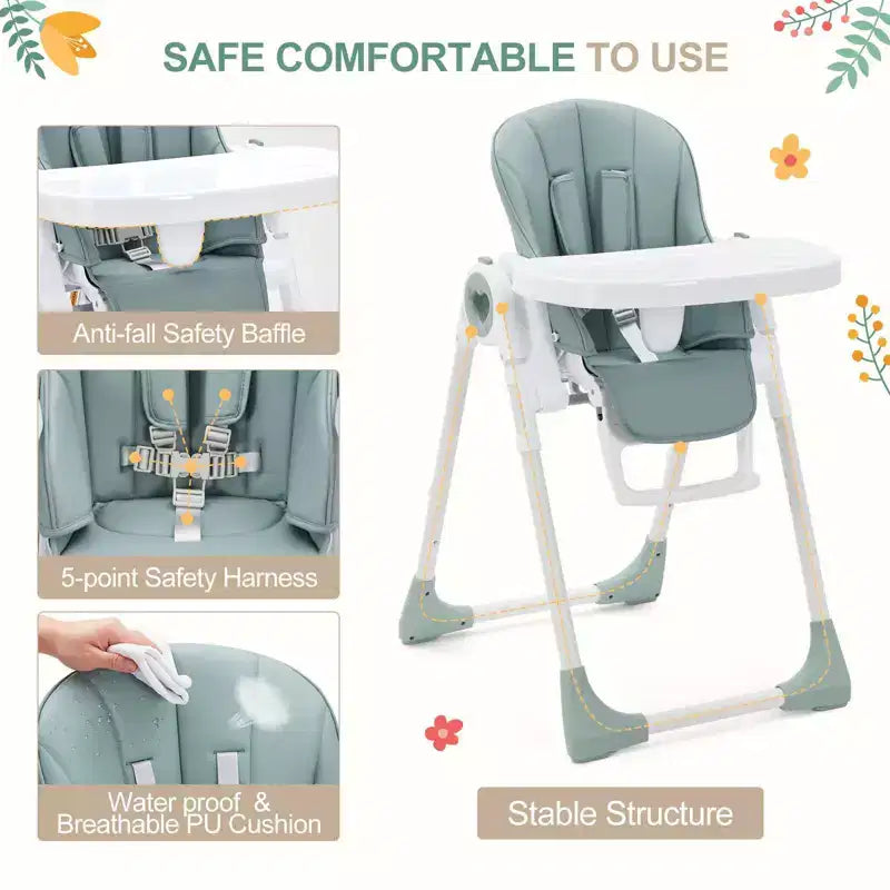 Chaise haute bébé pliable avec 5 positions d'inclinaison, double plateau amovible, harnais 5 points