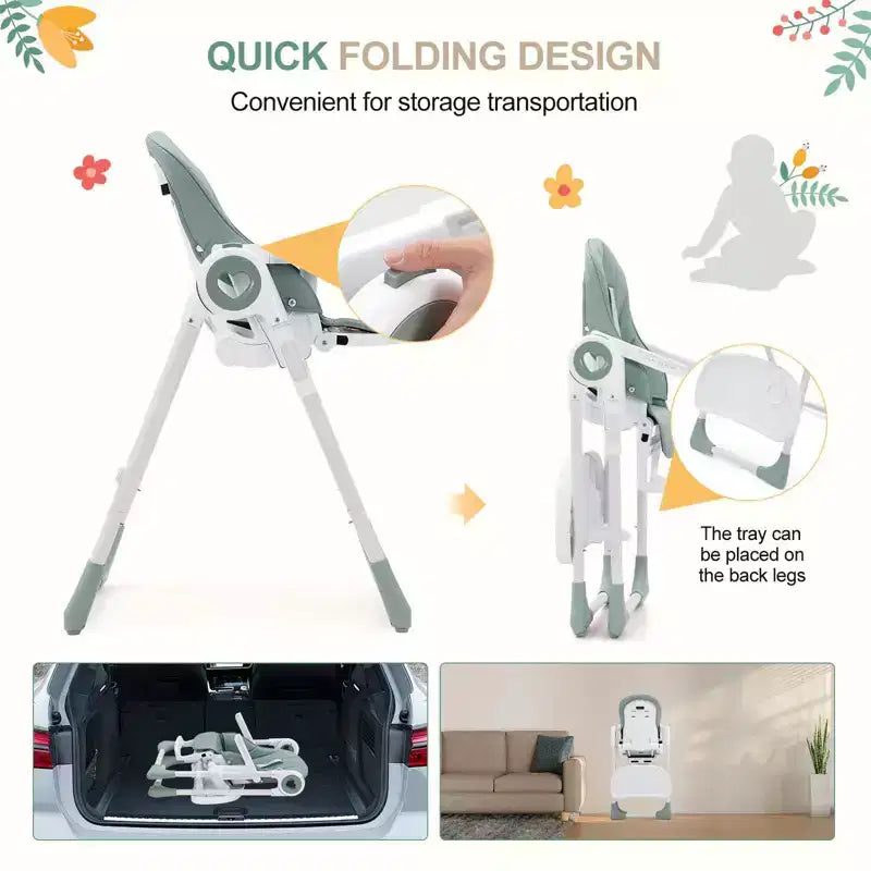 Chaise haute bébé pliable avec 5 positions d'inclinaison, double plateau amovible, harnais 5 points