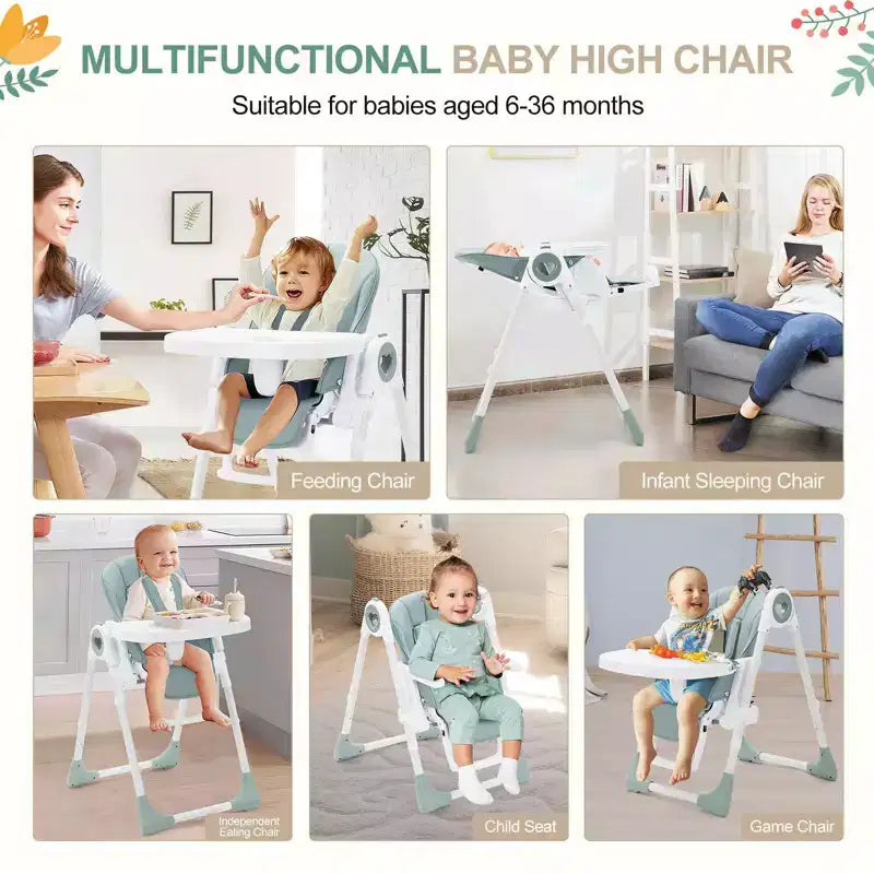 Chaise haute bébé pliable avec 5 positions d'inclinaison, double plateau amovible, harnais 5 points