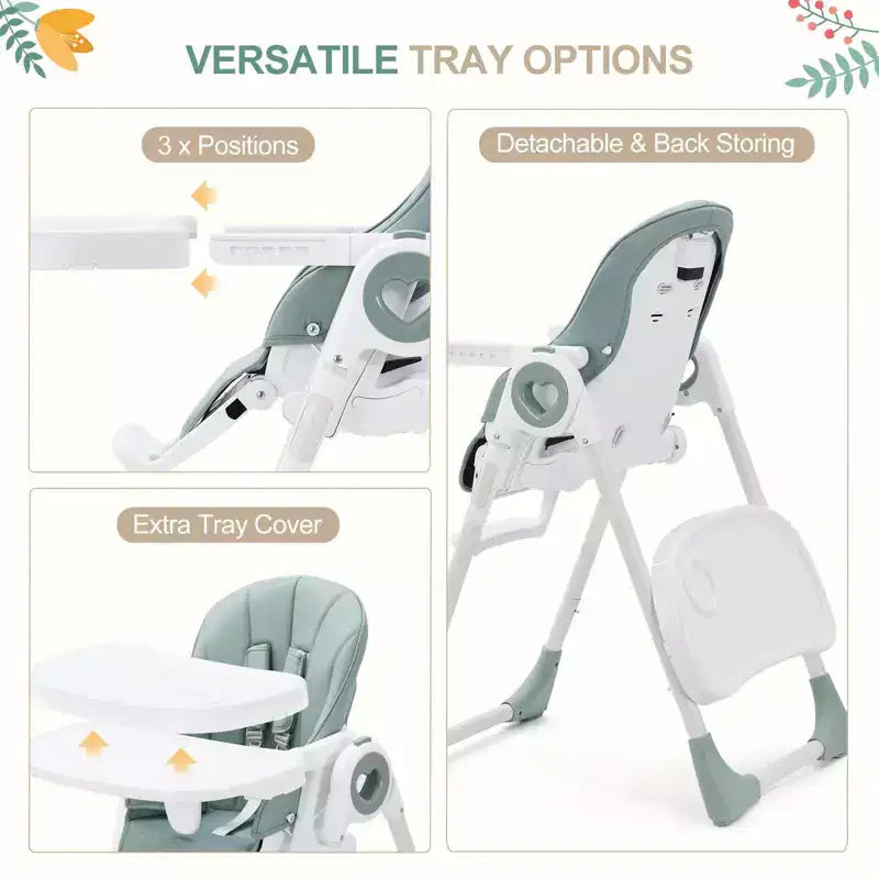 Chaise haute bébé pliable avec 5 positions d'inclinaison, double plateau amovible, harnais 5 points