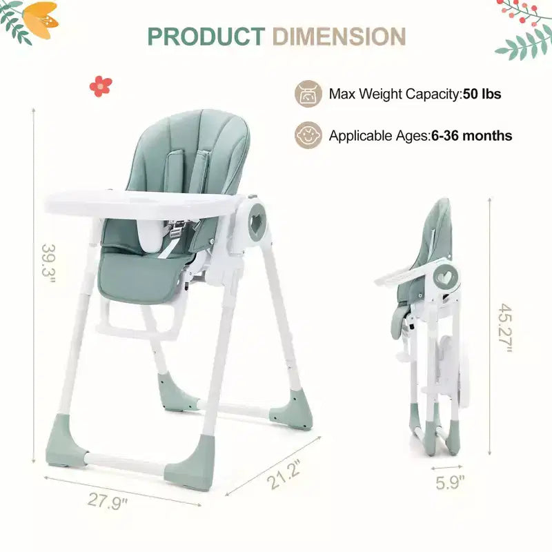 Chaise haute bébé pliable avec 5 positions d'inclinaison, double plateau amovible, harnais 5 points
