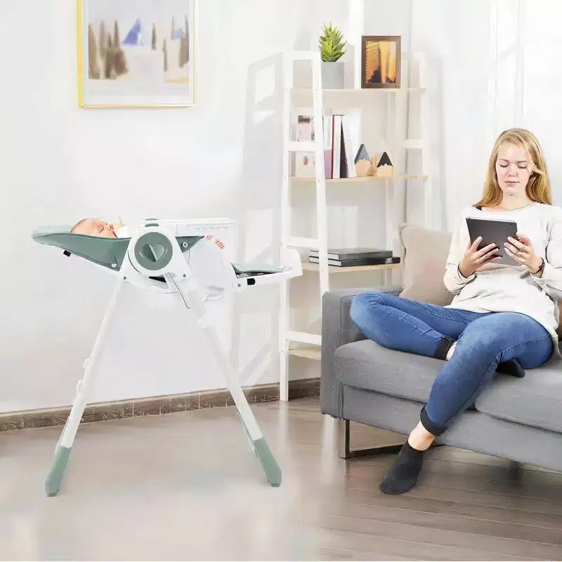 Chaise haute bébé pliable avec 5 positions d'inclinaison, double plateau amovible, harnais 5 points