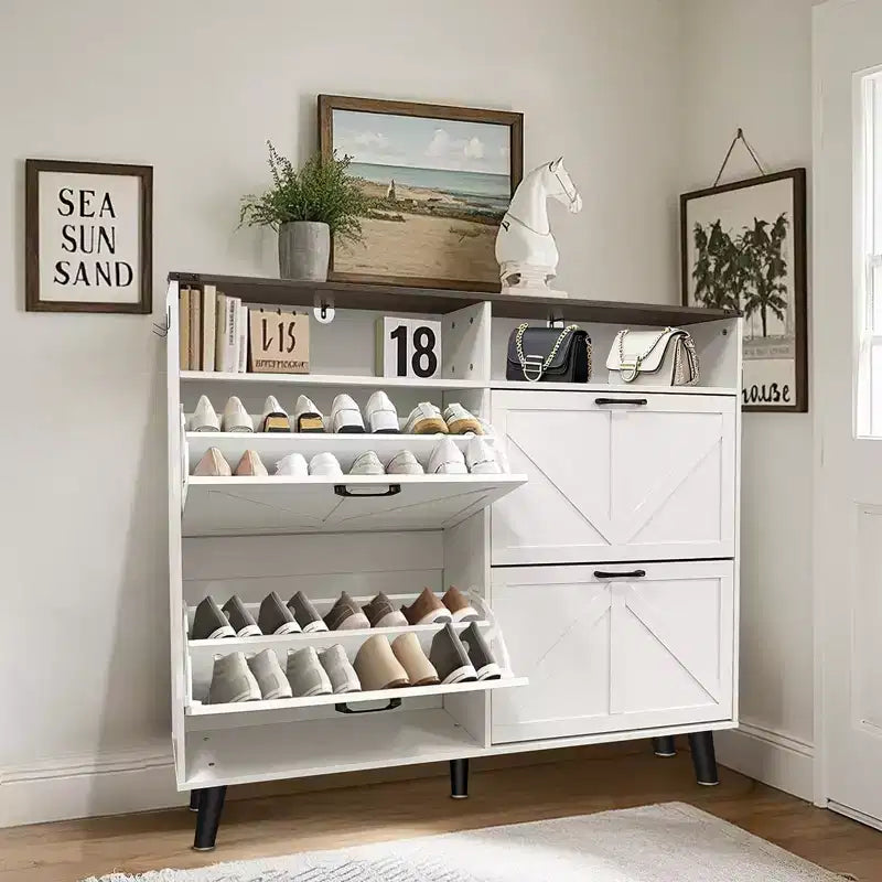 Meuble à chaussures, organisateur de chaussures style rustique avec 4 tiroirs basculants et rangement ouvert, meuble à chaussures étroit autoportant pour entrée, couloir