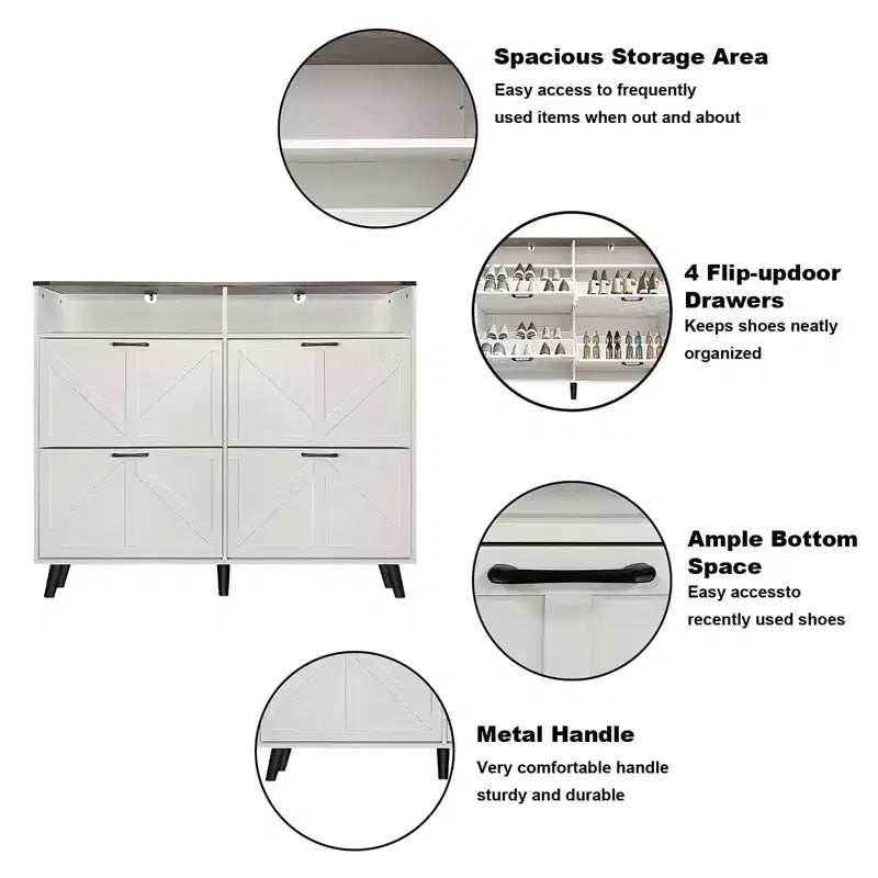 Meuble à chaussures, organisateur de chaussures style rustique avec 4 tiroirs basculants et rangement ouvert, meuble à chaussures étroit autoportant pour entrée, couloir