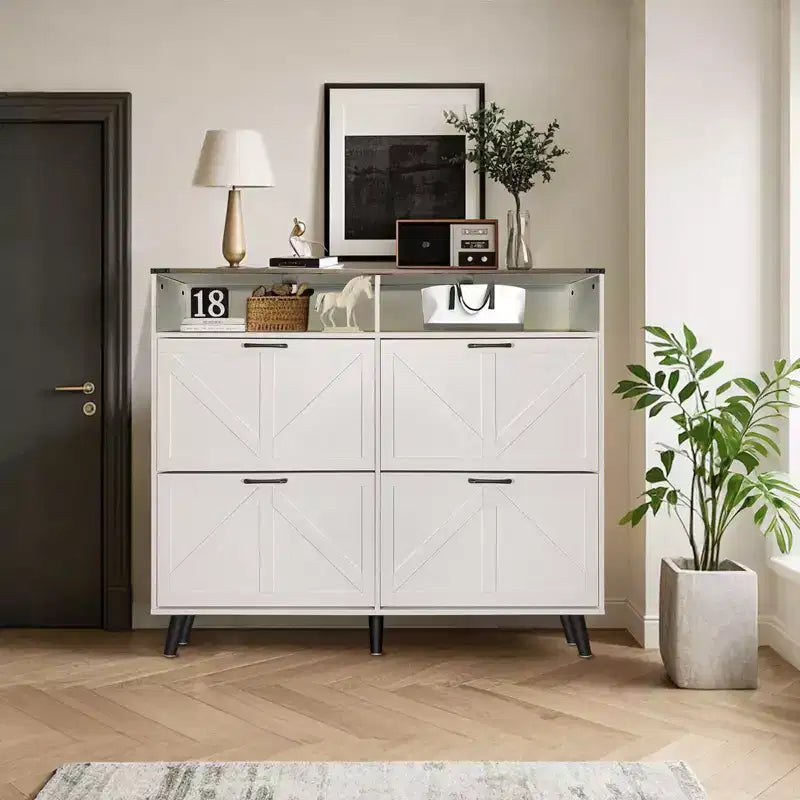Meuble à chaussures, organisateur de chaussures style rustique avec 4 tiroirs basculants et rangement ouvert, meuble à chaussures étroit autoportant pour entrée, couloir
