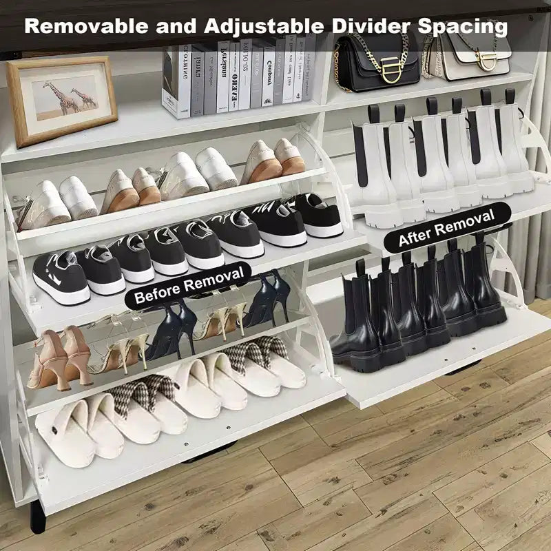 Meuble à chaussures, organisateur de chaussures style rustique avec 4 tiroirs basculants et rangement ouvert, meuble à chaussures étroit autoportant pour entrée, couloir