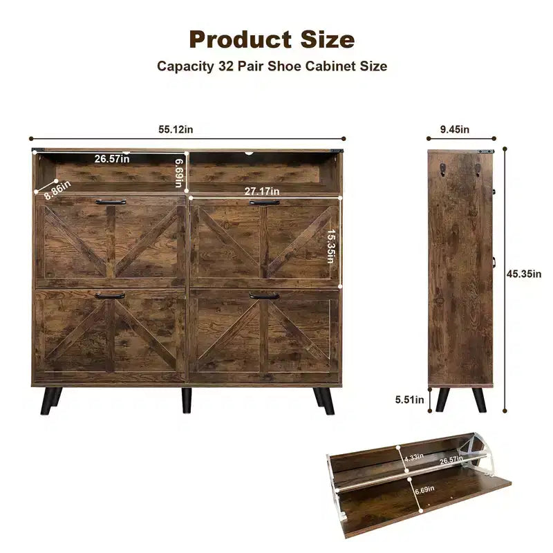 Meuble à chaussures, organisateur de chaussures style rustique avec 4 tiroirs basculants et rangement ouvert, meuble à chaussures étroit autoportant pour entrée, couloir