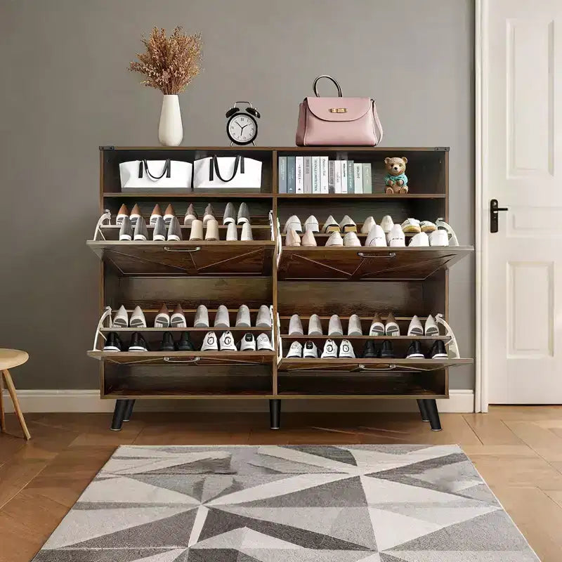 Meuble à chaussures, organisateur de chaussures style rustique avec 4 tiroirs basculants et rangement ouvert, meuble à chaussures étroit autoportant pour entrée, couloir
