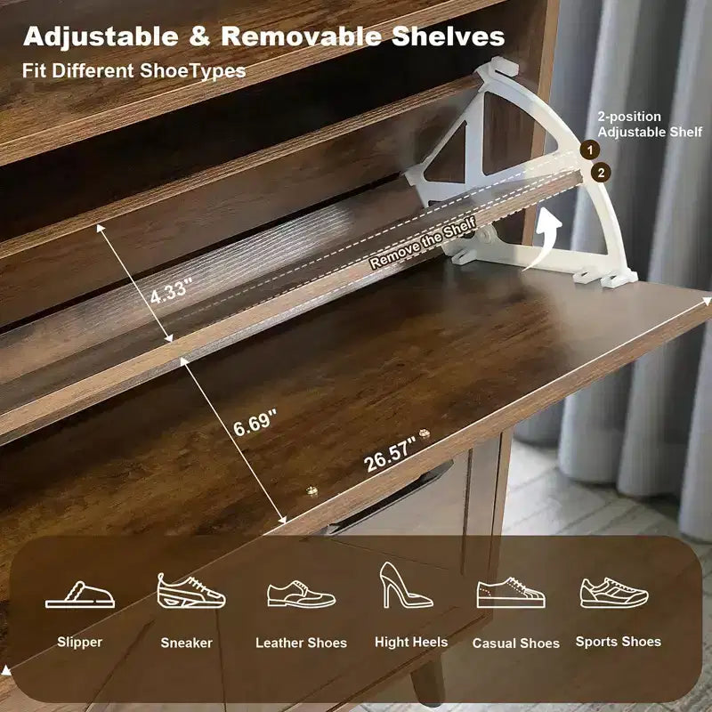 Meuble à chaussures, organisateur de chaussures style rustique avec 4 tiroirs basculants et rangement ouvert, meuble à chaussures étroit autoportant pour entrée, couloir