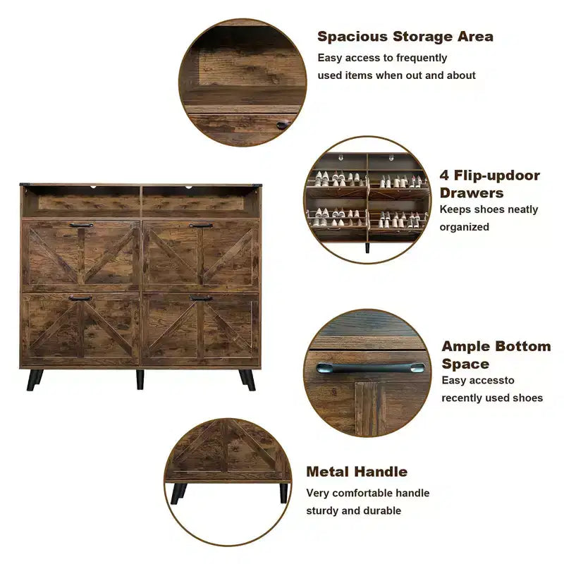 Meuble à chaussures, organisateur de chaussures style rustique avec 4 tiroirs basculants et rangement ouvert, meuble à chaussures étroit autoportant pour entrée, couloir