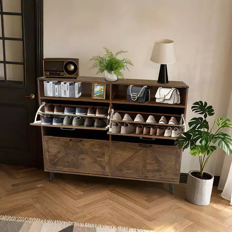 Meuble à chaussures, organisateur de chaussures style rustique avec 4 tiroirs basculants et rangement ouvert, meuble à chaussures étroit autoportant pour entrée, couloir