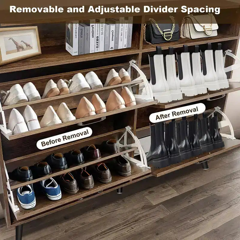 Meuble à chaussures, organisateur de chaussures style rustique avec 4 tiroirs basculants et rangement ouvert, meuble à chaussures étroit autoportant pour entrée, couloir