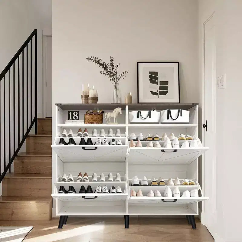 Meuble à chaussures, organisateur de chaussures style rustique avec 4 tiroirs basculants et rangement ouvert, meuble à chaussures étroit autoportant pour entrée, couloir