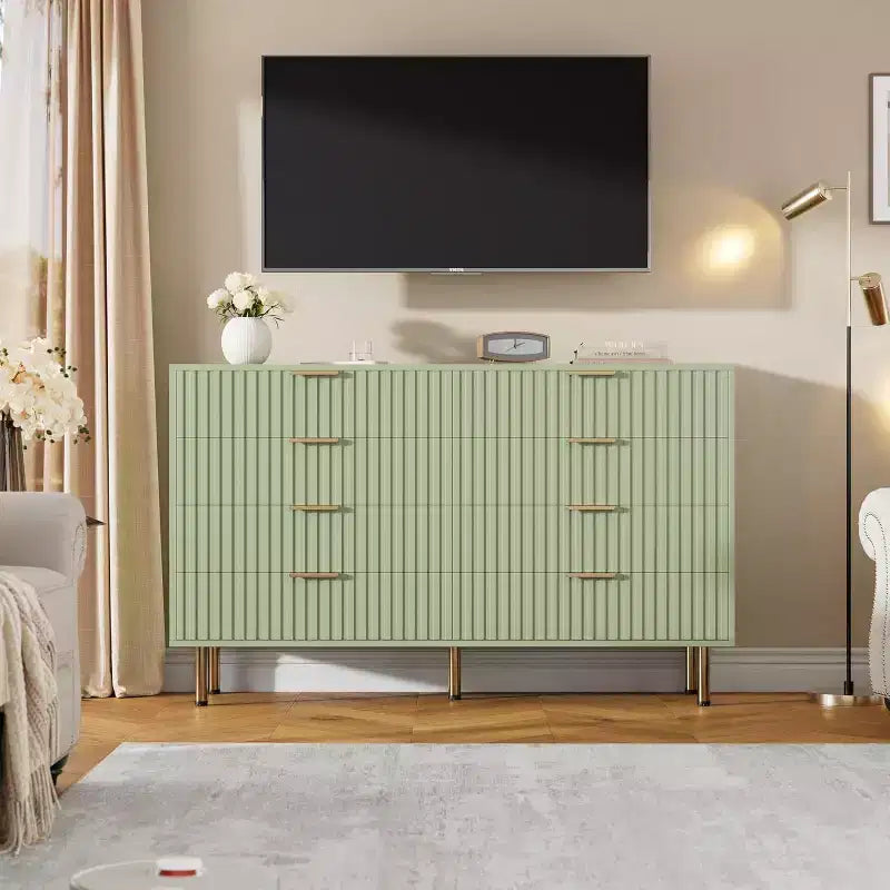 Commode à 8 tiroirs cannelés de 55", commode moderne en bois avec pieds dorés, tiroirs de rangement profonds pour chambre à coucher, salon, couloir.