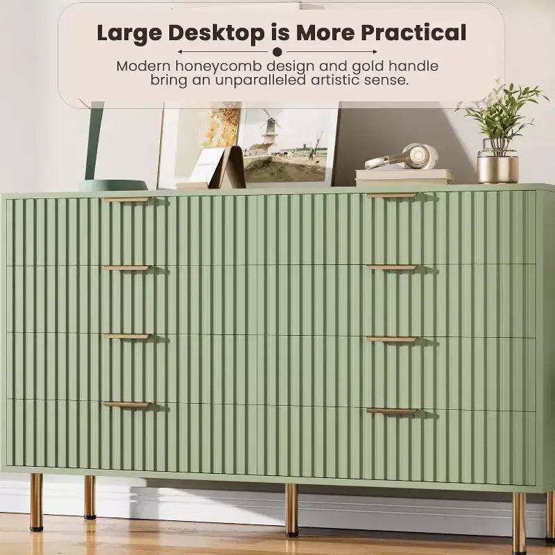 Commode à 8 tiroirs cannelés de 55", commode moderne en bois avec pieds dorés, tiroirs de rangement profonds pour chambre à coucher, salon, couloir.