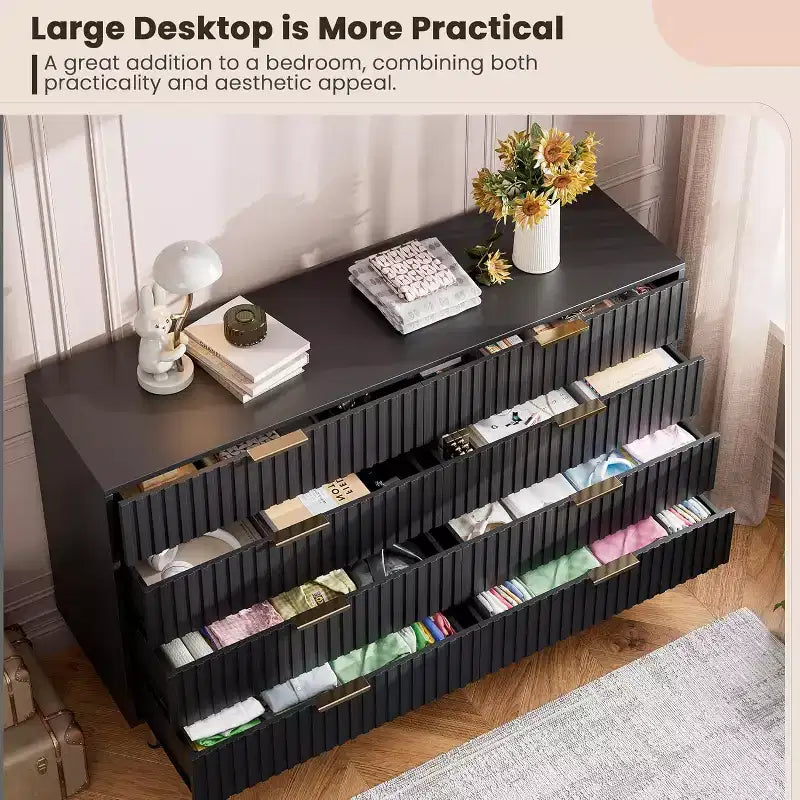 55 Fluted 8 Drawer Dresser, Modern Wooden Chest of Drawers with Gold Legs, Deep Storage Drawers for Bedroom, Living Room, Hallway