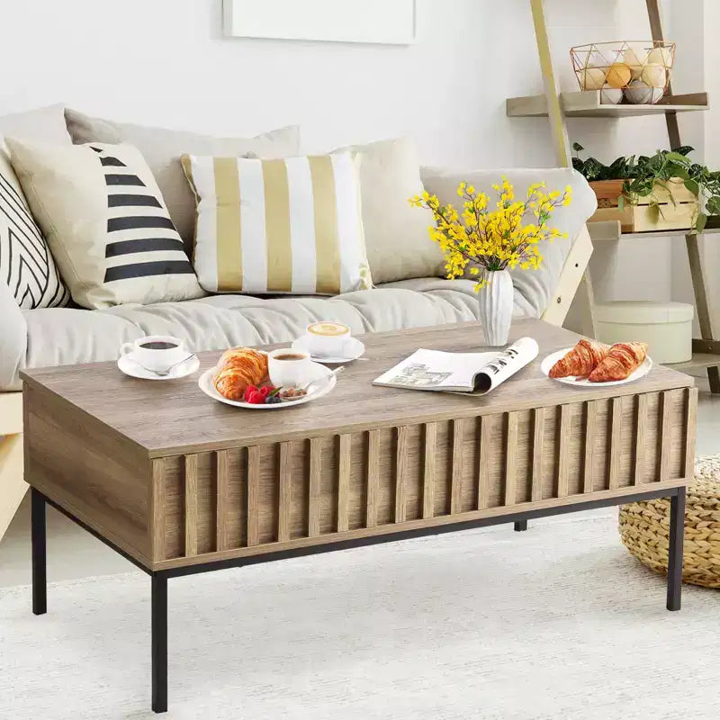Table basse relevable CuisinSmart avec porte coulissante de style grange pour salon, avec étagère de rangement et compartiment caché, tables basses modernes