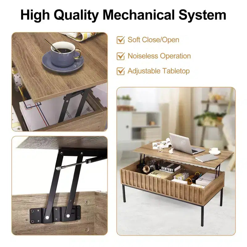 Table basse relevable CuisinSmart avec porte coulissante de style grange pour salon, avec étagère de rangement et compartiment caché, tables basses modernes