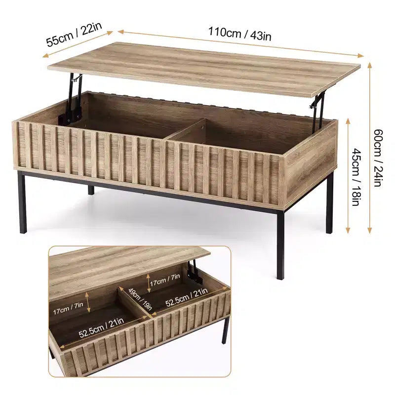 Table basse relevable CuisinSmart avec porte coulissante de style grange pour salon, avec étagère de rangement et compartiment caché, tables basses modernes