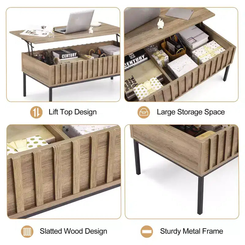 Table basse relevable CuisinSmart avec porte coulissante de style grange pour salon, avec étagère de rangement et compartiment caché, tables basses modernes