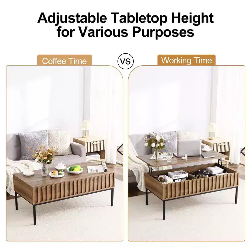 Table basse relevable CuisinSmart avec porte coulissante de style grange pour salon, avec étagère de rangement et compartiment caché, tables basses modernes