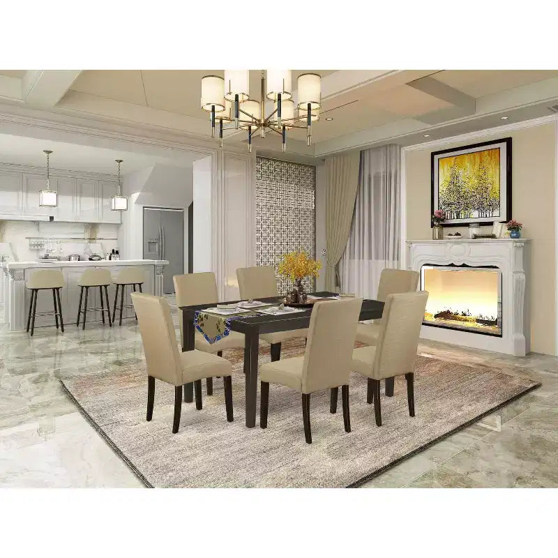 HomeStock 7 Piece Kitchen Table Set Mahogany Linen Fabric Parsons Chairs