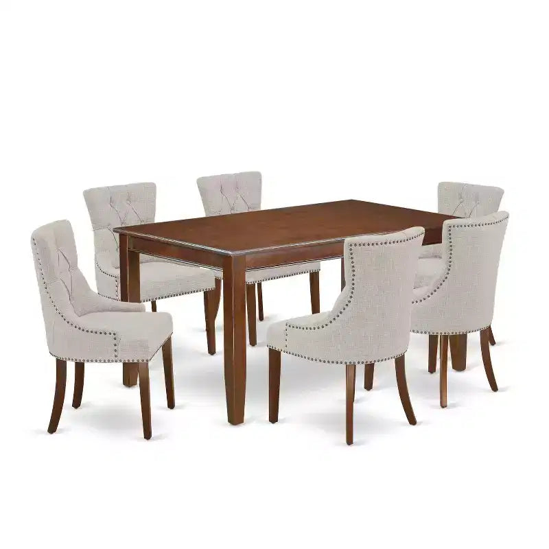 Ensemble de salle à manger 7 pièces HomeStock avec table et chaises Parsons en tissu de lin acajou