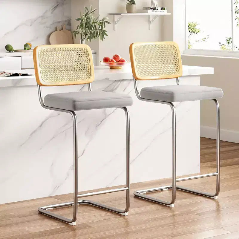 PexFix 2Pcs Counter Height Bar Stools Upholstered Velvet Barstools with Rattan Back 30 Height Stools Armless Bar Chairs for Kitchen Island Grey