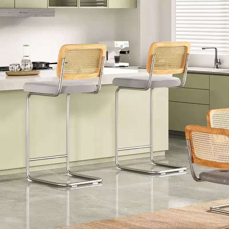 PexFix Lot de 2 tabourets de bar hauteur comptoir en velours rembourré avec dossier en rotin, tabourets de 76 cm, chaises de bar sans accoudoirs pour îlot de cuisine, gris