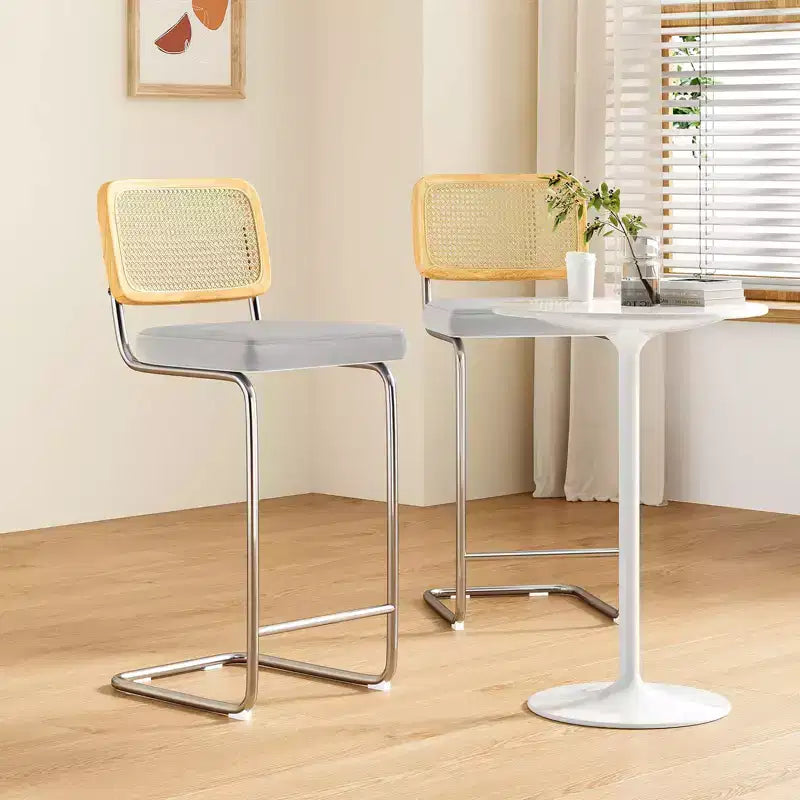 PexFix Lot de 2 tabourets de bar hauteur comptoir en velours rembourré avec dossier en rotin, tabourets de 76 cm, chaises de bar sans accoudoirs pour îlot de cuisine, gris
