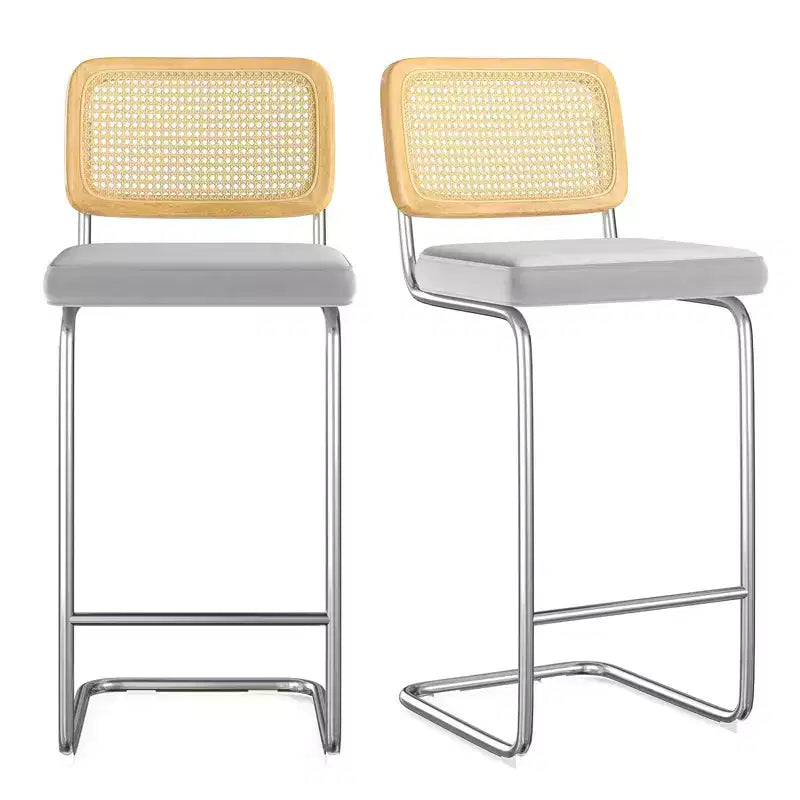 PexFix Lot de 2 tabourets de bar hauteur comptoir en velours rembourré avec dossier en rotin, tabourets de 76 cm, chaises de bar sans accoudoirs pour îlot de cuisine, gris