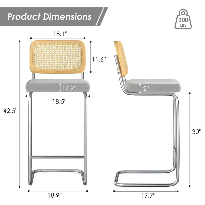 PexFix Lot de 2 tabourets de bar hauteur comptoir en velours rembourré avec dossier en rotin, tabourets de 76 cm, chaises de bar sans accoudoirs pour îlot de cuisine, gris