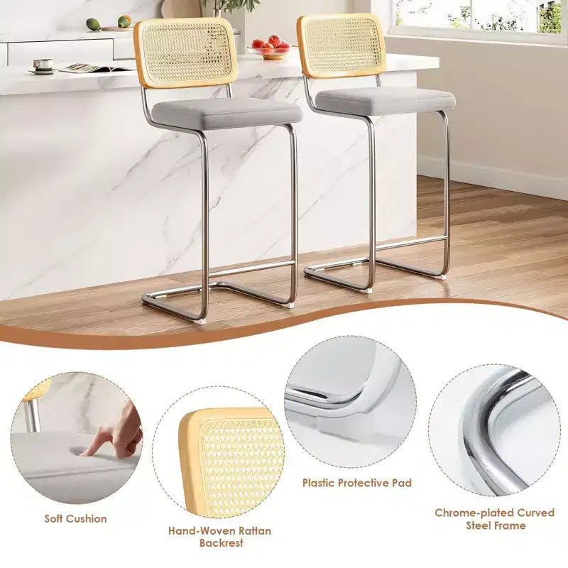 PexFix Lot de 2 tabourets de bar hauteur comptoir en velours rembourré avec dossier en rotin, tabourets de 76 cm, chaises de bar sans accoudoirs pour îlot de cuisine, gris
