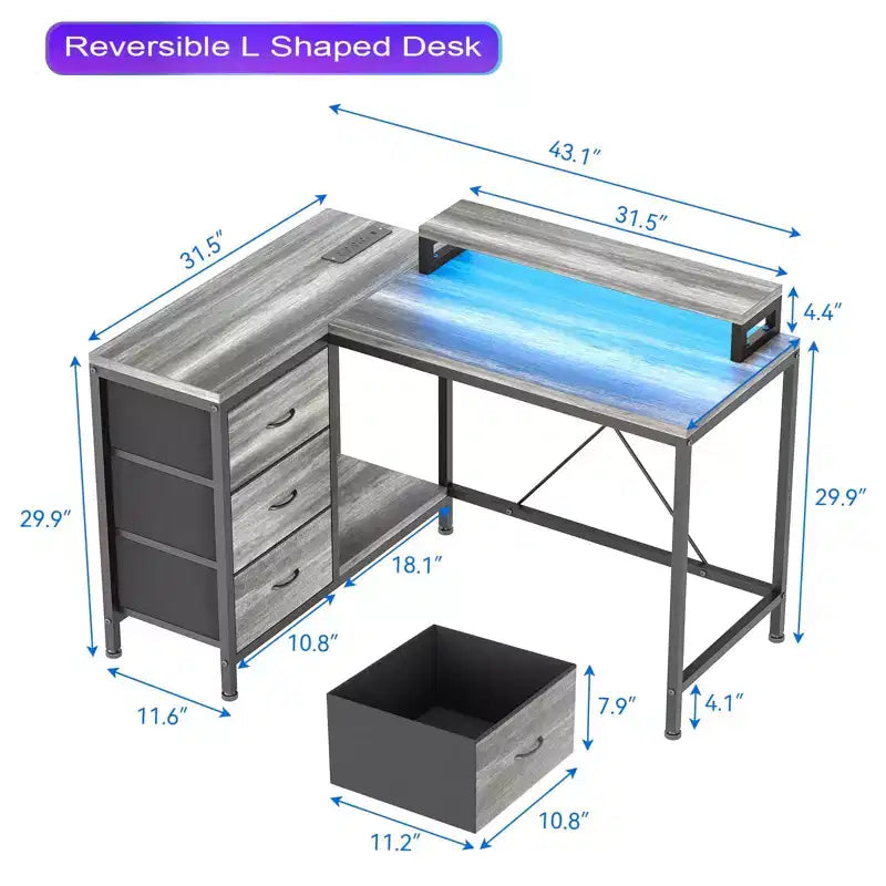 Bureau d'ordinateur de 43 pouces, bureau en L avec prises de courant et lumières LED, bureau de jeu à 3 tiroirs avec étagères de rangement et support d'écran
