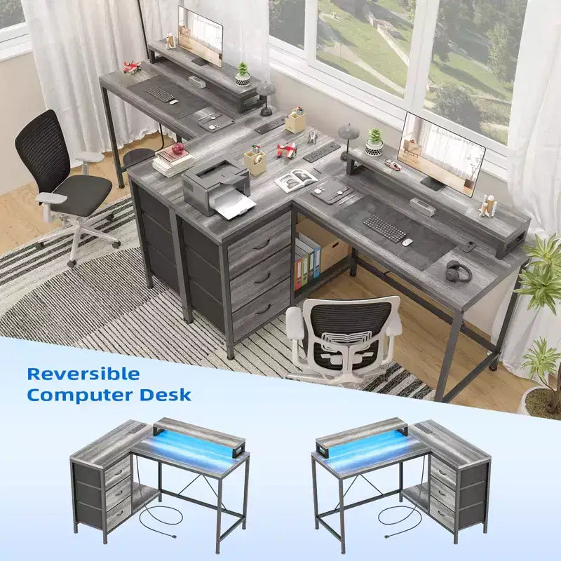 Bureau d'ordinateur de 43 pouces, bureau en L avec prises de courant et lumières LED, bureau de jeu à 3 tiroirs avec étagères de rangement et support d'écran