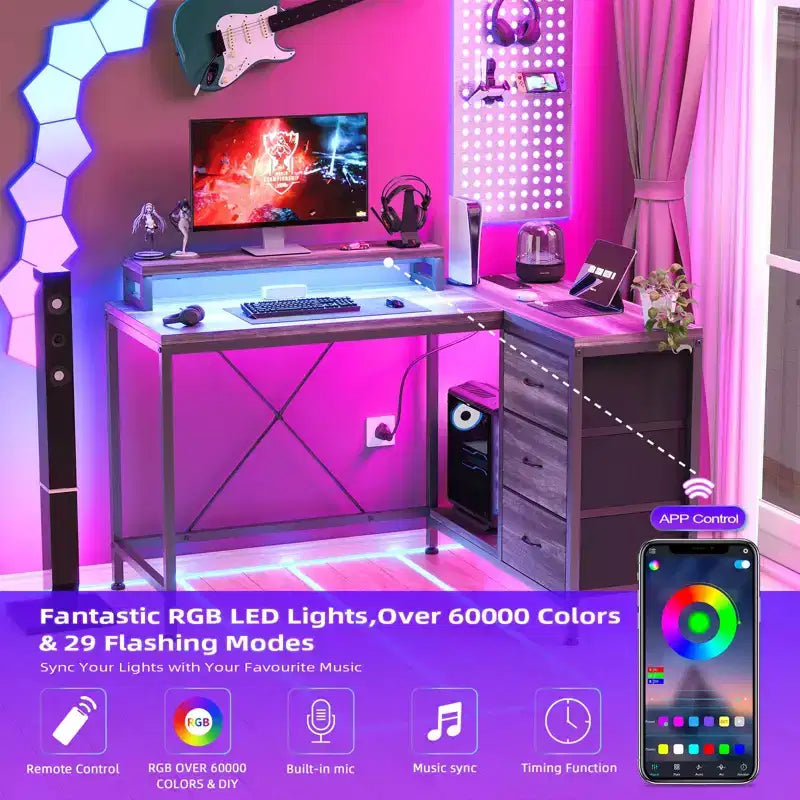 Bureau d'ordinateur de 43 pouces, bureau en L avec prises de courant et lumières LED, bureau de jeu à 3 tiroirs avec étagères de rangement et support d'écran