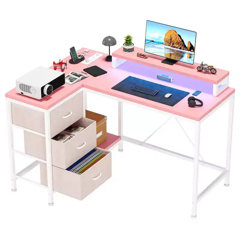 Bureau d'ordinateur de 43 pouces, bureau en L avec prises de courant et lumières LED, bureau de jeu à 3 tiroirs avec étagères de rangement et support d'écran