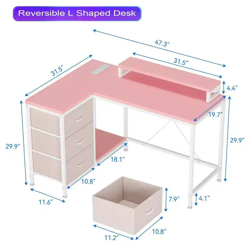Bureau d'ordinateur de 43 pouces, bureau en L avec prises de courant et lumières LED, bureau de jeu à 3 tiroirs avec étagères de rangement et support d'écran